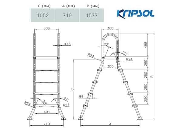 Размеры лестницы Kripsol (3+3 ступени) Kripsol SEMIELEVATED/SEMIELEVADA (ESP 3.C) - Spbpool.ru