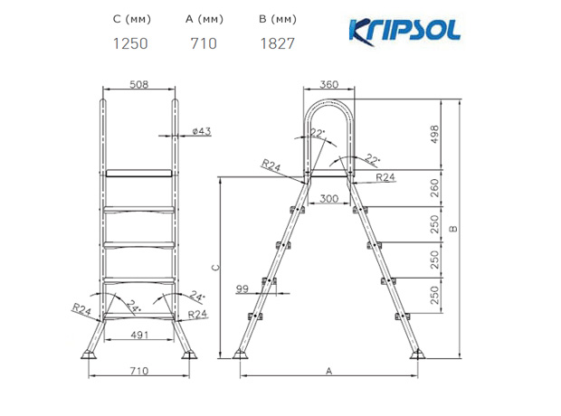 Размеры лестницы Kripsol (4+4 ступени) Kripsol SEMIELEVATED/SEMIELEVADA (ESP 4.C) - Spbpool.ru