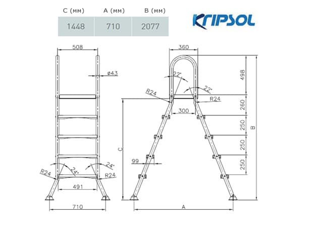 Размеры лестницы Kripsol (5+5 ступеней) ELEVATED/ELEVADA Kripsol EEP 5.C - Spbpool.ru