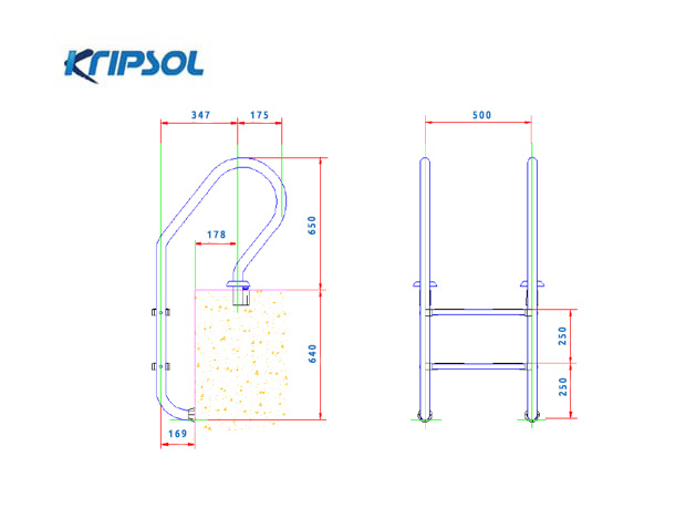 Размеры лестницы Kripsol MIXED/MIXTA (2 ступени) узкий борт MXI 2.C - Spbpool.ru