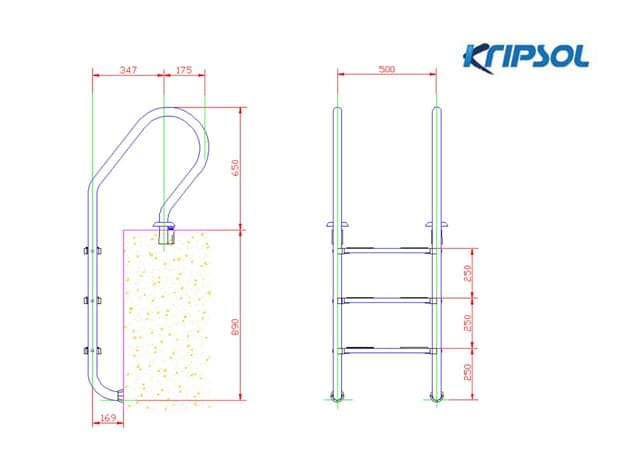 Размеры лестницы Kripsol MIXED/MIXTA (3 ступени) узкий борт MXI 3.C - Spbpool.ru