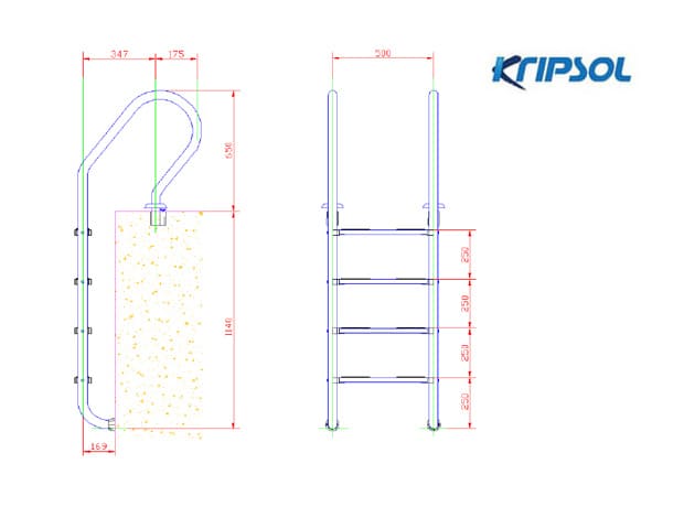 Размеры лестницы Kripsol MIXED/MIXTA (4 ступени) узкий борт MXI 4.C - Spbpool.ru