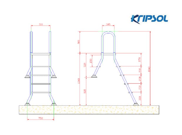 Размеры лестницы Kripsol (4+1 ступеней) Kripsol SEMIELEVATED/SEMIELEVADA (ESP 4.C) - Spbpool.ru