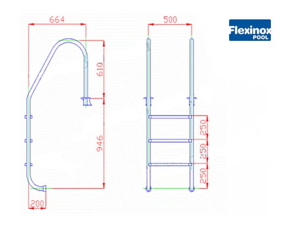 Размеры лестницы 3 ступени (широкий борт) Flexinox STANDARD AISI-316 (87111936) - Spbpool.ru