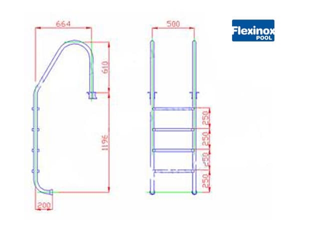 Размеры лестницы 4 ступени (широкий борт) Flexinox STANDARD AISI-316 (87111944) - Spbpool.ru