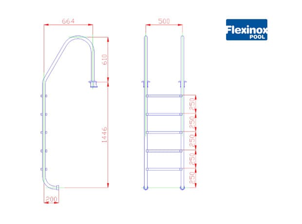 Размеры лестницы 5 ступеней (широкий борт) Flexinox STANDARD AISI-316 (87111951) - Spbpool.ru