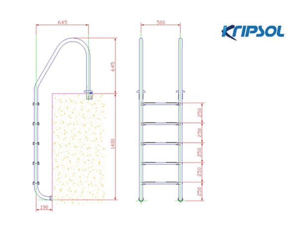 Размеры лестницы Kripsol STANDARD/ESTANDAR (5 ступеней) широкий борт PI 5.С - Spbpool.ru