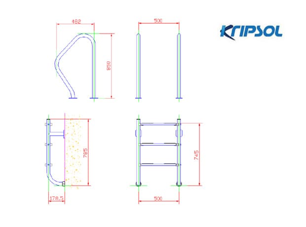 Размеры лестницы Kripsol (3 ступени) TWO-PART/DOS PIEZAS (DPI 3.C) c поручнями - Spbpool.ru