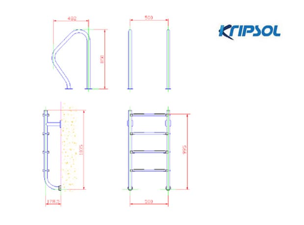 Размеры лестницы Kripsol (4 ступени) TWO-PART/DOS PIEZAS (DPI 4.C) c поручнями - Spbpool.ru