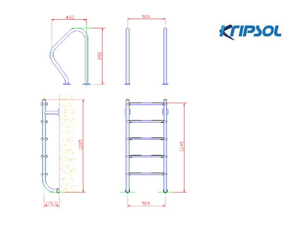 Размеры лестницы Kripsol (5 ступеней) TWO-PART/DOS PIEZAS (DPI 5.C) c поручнями - Spbpool.ru