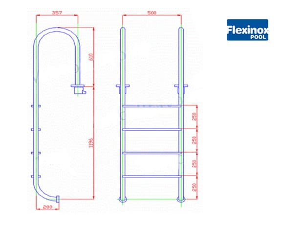 Размеры лестницы 4 ступени Flexinox WALL AISI-316 (87131140) - Spbpool.ru
